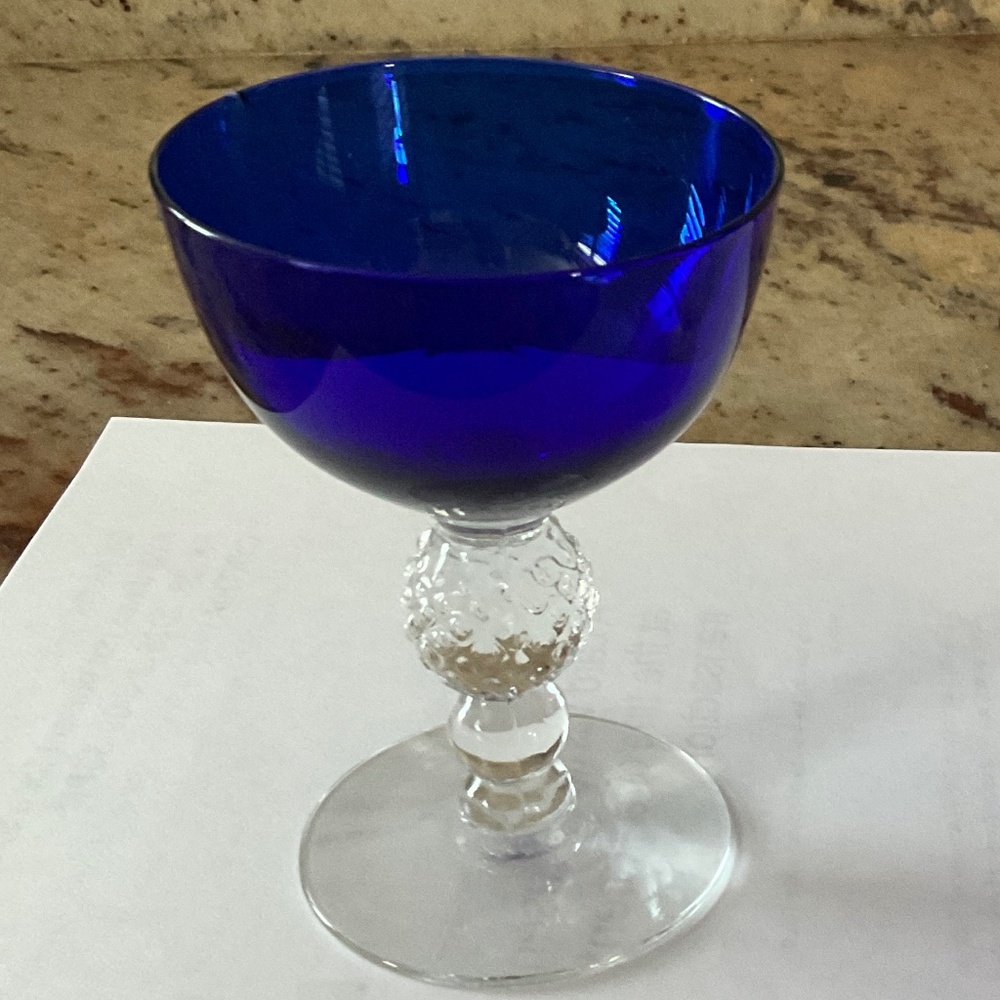 VINTAGE MORGANTOWN GLASS GOLF BALL COBALT RITZ BLUE COCKTAIL GLASS. 4” TALL